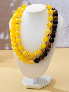 OABE 2pcs/Set Bohemian Style Yellow And Brown Spherical Beaded Necklace, Dual-Color Contrast Design, Layering Style, Suitable For Women's Daily Wear - Multicolor - View 3
