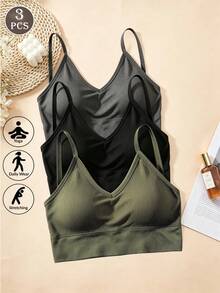 3pcs Women's Seamless Striped Camisole Sports Bra, Wireless Comfortable Bra With Built-In Padding, Elastic Soft Lingerie, Suitable For Yoga, Fitness, Daily Workout - Multicolor - View 3