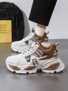 Men's Pattern Patchwork High-Top Chunky Sneakers With Letter Webbing Decor, Thick Sole Height-Increasing Athletic Shoes For Daily Streetwear, Commuting, Dating, Versatile Casual Shoes For Boys - Khaki - View 4