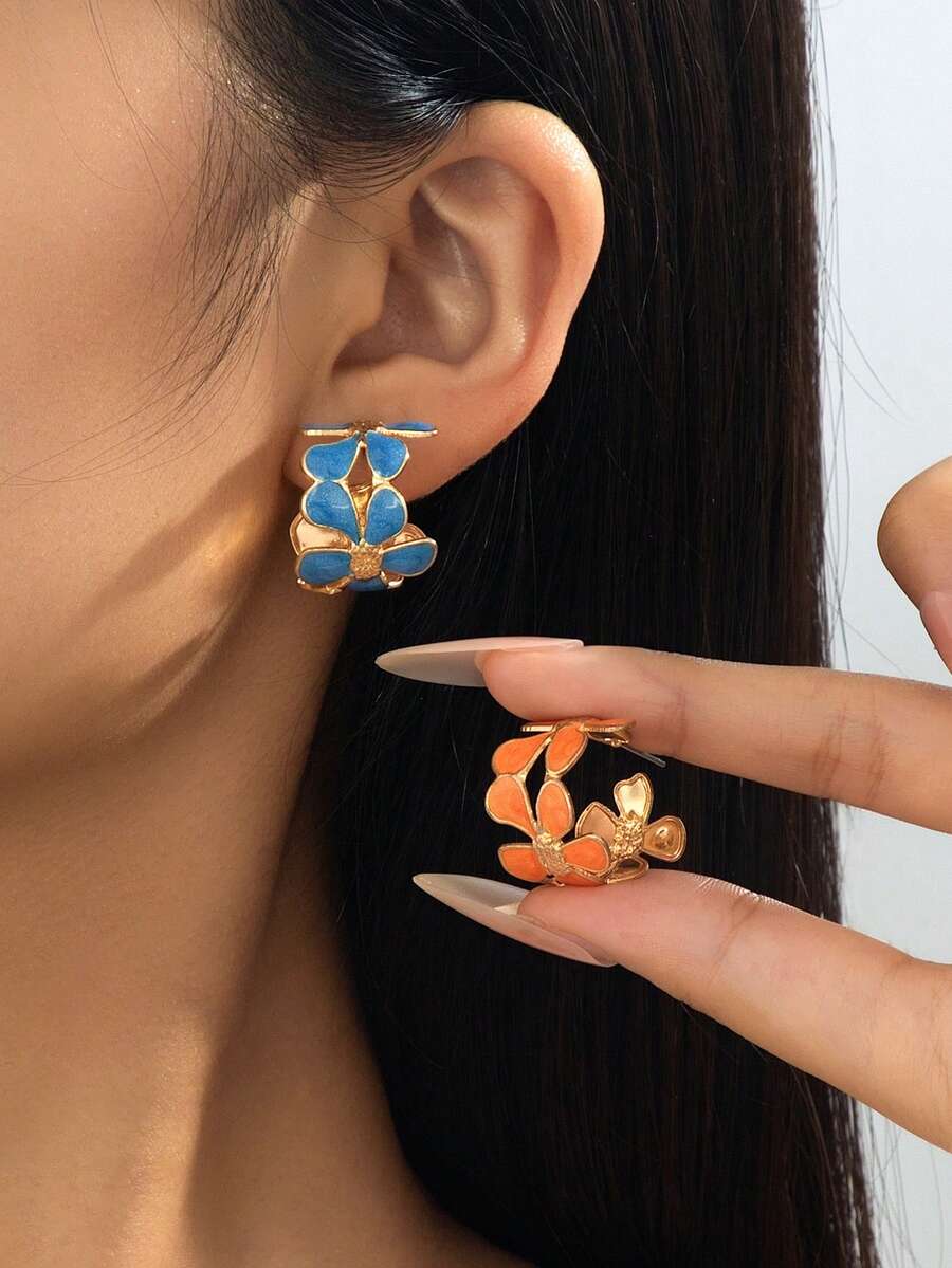 1Pair Enamel Flower C‑Shaped Hoop Earrings, Gold Tone Multi‑Color ...