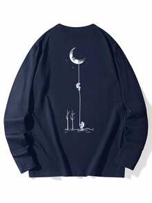 Women's Fashion Autumn/Winter Loose Minimalist Versatile Moon Print Long Sleeve T-Shirt - Navy Blue - View 4