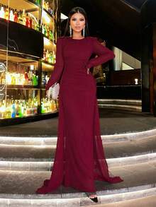 CHOSMO Women's Plus Size Solid Color Applique Decor Casual Evening Dress - Burgundy - View 3