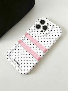 1pc White Background Black Polka Dot Dual Pink Bow Moment Letter Wavy Border Phone Case, Glossy Print Raised Camera Ring Full Coverage Airbag Shockproof Soft Shell, Compatible With 11-18 All Series Models, Sweet Girl Korean Style Ins Niche Phone Protective Cover - Apricot - View 5
