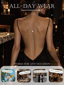 1pc Minimalist Back Drop Necklace, Simple Water Drop Pearl Long Body Accessory, Formal Nightclub Outfit Jewelry, Backless Evening Gown Accessory - Rhinestone - View 4