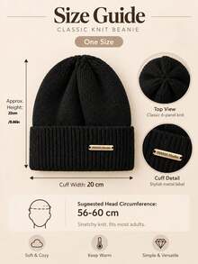 1pc Classic Metal Tag Knit Beanie, Unisex Solid Color Ribbed Rolled Edge Brimless Casual Hat, Soft & Warm For Autumn/Winter Daily Wear - Metal Logo Solid Color - View 7