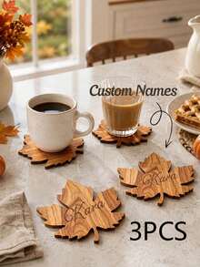 Customized Thanksgiving Maple Wood Coaster Set, Autumn Tabletop Decor, Natural Wooden Coffee Cup Coasters, Rustic Farmhouse Style Kitchen And Dining Table Decoration, Holiday Home Decor Accessories - Multicolor - View 11