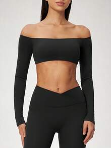 NcmRyu Women's 1pc Solid Color Off-Shoulder Long Sleeve Cropped Top, Highlights Shoulder And Neckline, Fitness Wear - Black - View 5