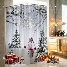 1pc Christmas Print Shower Curtain, Abstract Vintage Polyester Fabric Shower Curtain With 12 Hooks, Suitable For Bathroom Or Bathtub Decor - Multicolor - View 4
