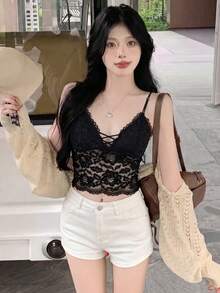 2026 Summer New Sexy Style Sequin Pearl Camisole Top, Hot Girl Rhinestone Cropped Midriff Top With Padded Cups - Black - View 1