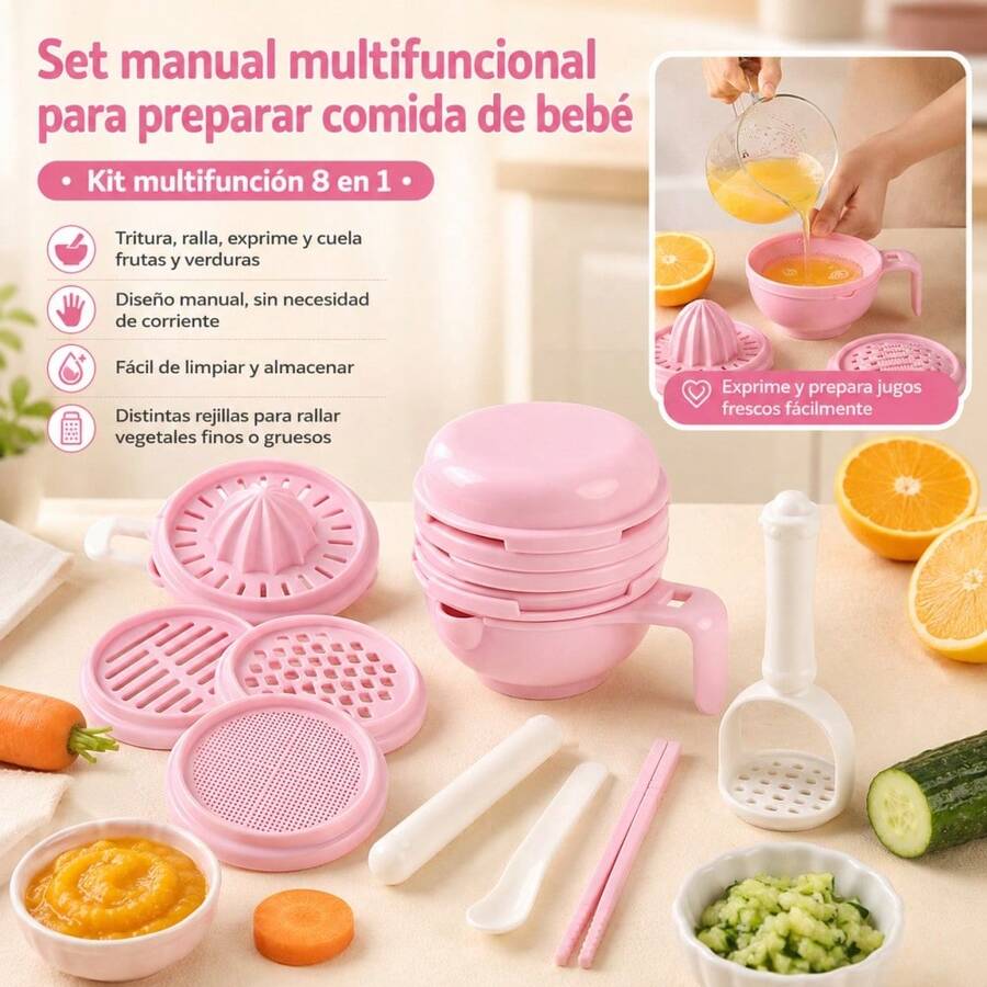 Kit Procesador de Comida para Bebé Manual 8 en 1, Exprimidor, Rallador y Machacador de Papillas Portátil para Frutas y Verduras, Plástico Libre de BPA - Rosa - Ver 1