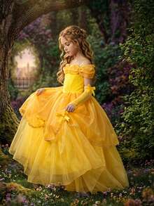 Tween Girls Yellow Spaghetti Strap Organza Elegant Evening Dress Suitable For Prom And Party, Headband Not Included - Yellow - View 1