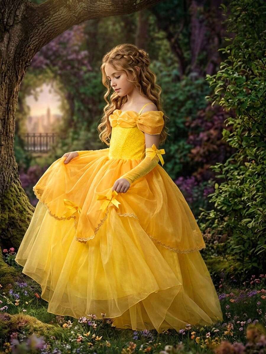 Tween Girls Yellow Spaghetti Strap Organza Elegant Evening Dress Suitable For Prom And Party, Headband Not Included - Yellow - View 1