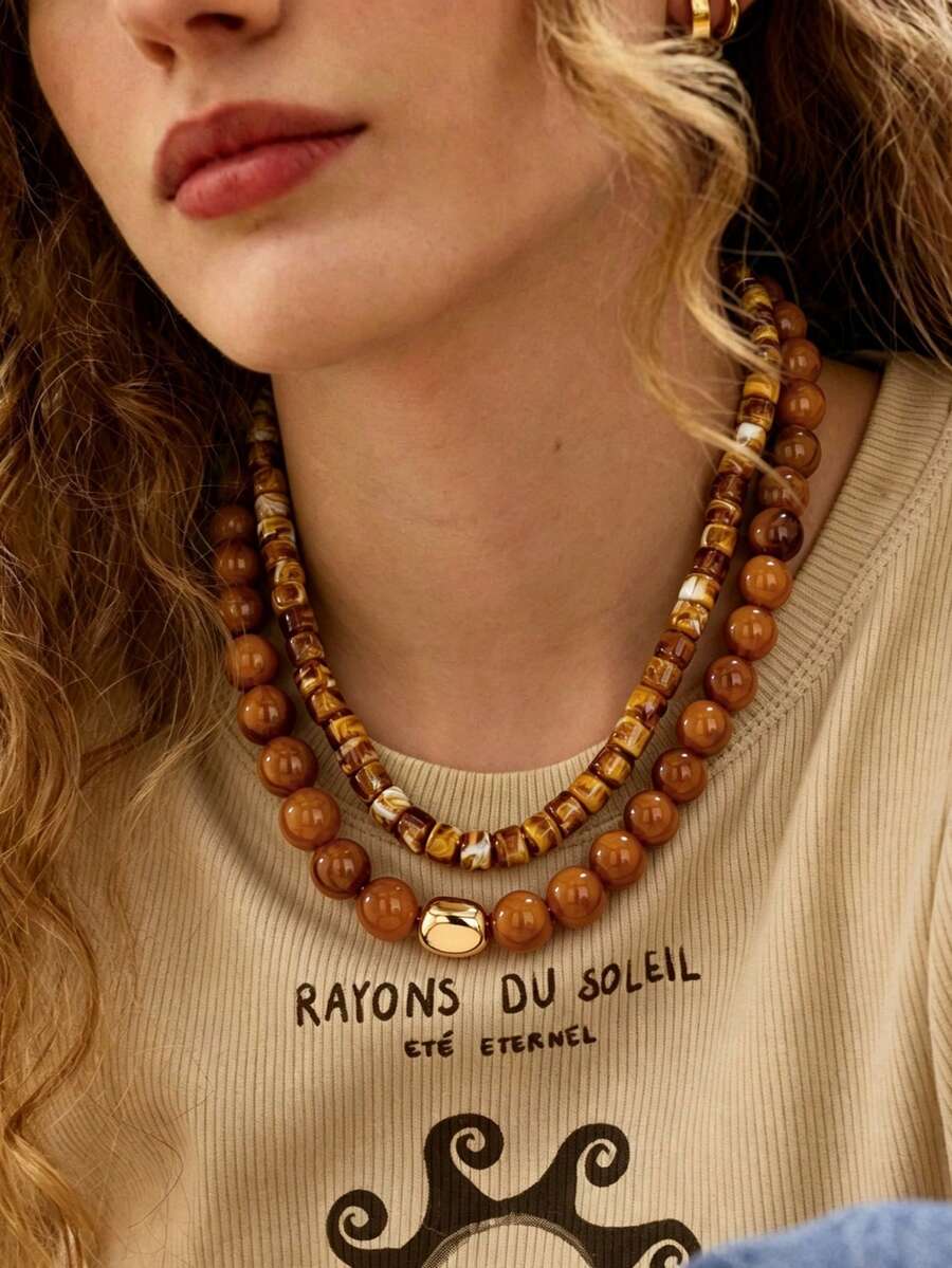 OABE 2pcs/Set Bohemian Style Brown Tone Spherical Beads & Asymmetrical Shaped Beads Necklace Set, Layered Vintage Autumn Outfit Accessory Suitable For Women's Daily Wear - Brown - View 1