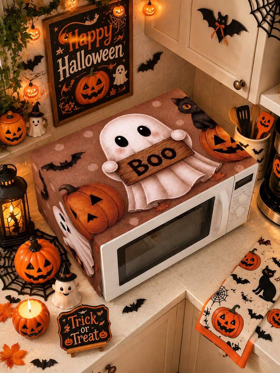 1pc Halloween Decoration, Halloween Cat Ghost Pumpkin Microwave Dust Cover, Create Spooky Halloween Theme, Trick Or Treat, Halloween Party Supplies, Suitable For Kitchen Decor, 2026 Halloween Decoration, Christmas, New Year Decoration, Party Gift, Home Decor,