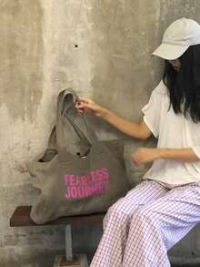 日韓風字母印花帆布包，小眾大容量通勤包，休閒單肩包，極簡購物托特包，百搭腋下托特包，女款 - 灰色 - 查看 5