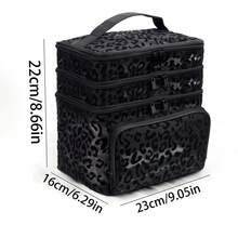 Black Minimalist Fashion Mesh Leopard Print, Large Capacity Multi-Functional 3-Layer Makeup Bag, Single Handle Multi-Pocket Convenient Design, Foldable Storage Bag, Compartment Storage - Black - View 6