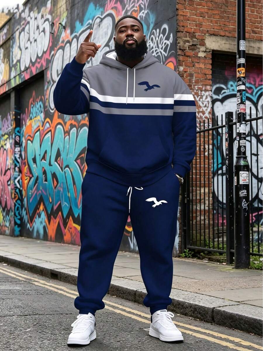 Plus Size Men's Colorblock Hoodie Sweatshirt Set, Bird Print Grey & Blue Contrast 2 Pieces Loose Casual Sportswear - Multicolor - View 1