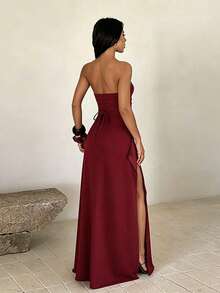 1pc Solid Color Elegant Knitted Fabric Dress For Wedding Summer - Burgundy - View 4