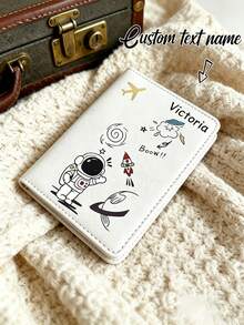 Ayotu Customized Passport Holder, Customizable Name/Text, Featuring Cute Cartoon Astronaut Pattern, Combines Passport Cover And Card Holder Functions, Portable Multi-Functional Document/Bank Card Storage Bag, PU Leather Wallet, Ultra-Thin Passport Holder, Unisex - Multicolor - View 1