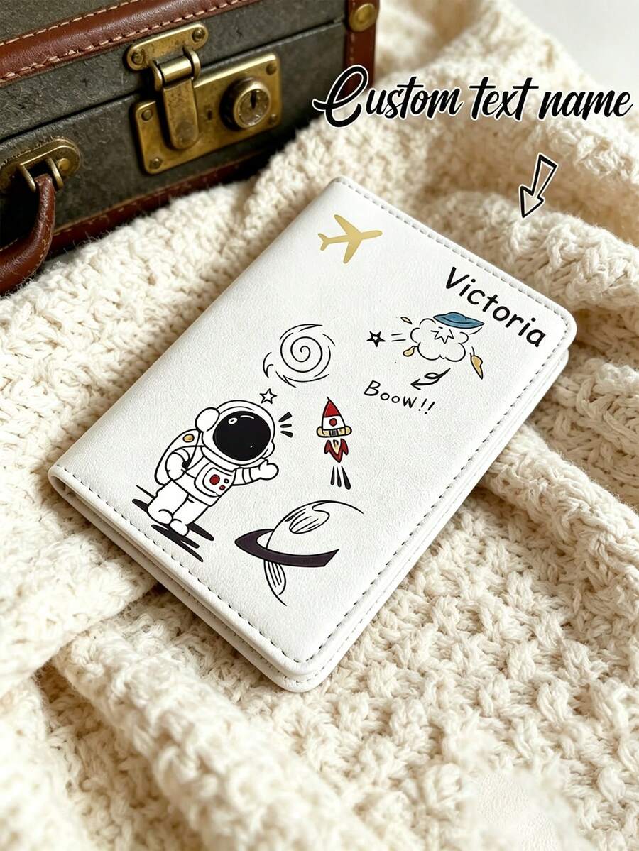 Ayotu Customized Passport Holder, Customizable Name/Text, Featuring Cute Cartoon Astronaut Pattern, Combines Passport Cover And Card Holder Functions, Portable Multi-Functional Document/Bank Card Storage Bag, PU Leather Wallet, Ultra-Thin Passport Holder, Unisex - Multicolor - View 1