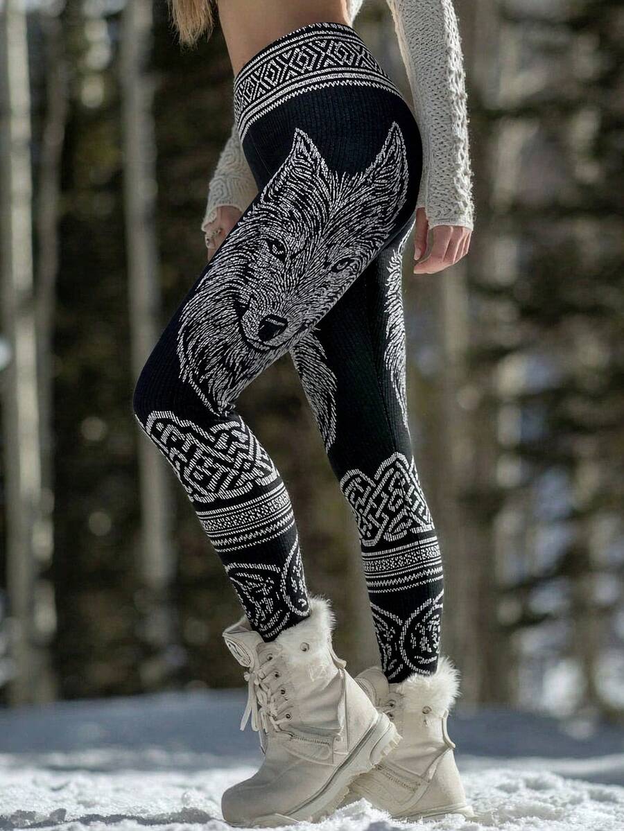 Quần legging ôm sát in kỹ thuật số định vị đầu sói cá nhân hóa mùa Thu/Đông, họa tiết totem vintage, lớp lót cơ bản thường ngày - Biểu tượng sói - Xem 1