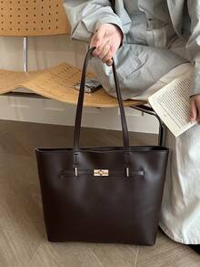 Casual Handheld Underarm Tote Bag, Solid Color, Cross-Border 2026, Large Capacity PU, Women's Fashion Minimalist Shoulder Bag - Coffee - View 4