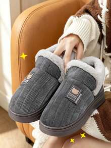 Men's Warm Padded Closed-Back Slippers For Home, Autumn/Winter - Grey - View 3