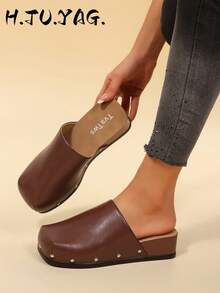Women's New Autumn/Winter Flat French Vintage Versatile Slip-On Shoes, Soft Sole With Thermal Lining, Square Toe Slide Sandals For Commute, Casual And Beach Wear - Brown - View 3