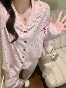 2pcs Women's Pajama Set, Open Front Lapel Polka Dot Print Lace Patchwork Long Sleeve Pants, Comfortable For Home Wear - Pink - View 10