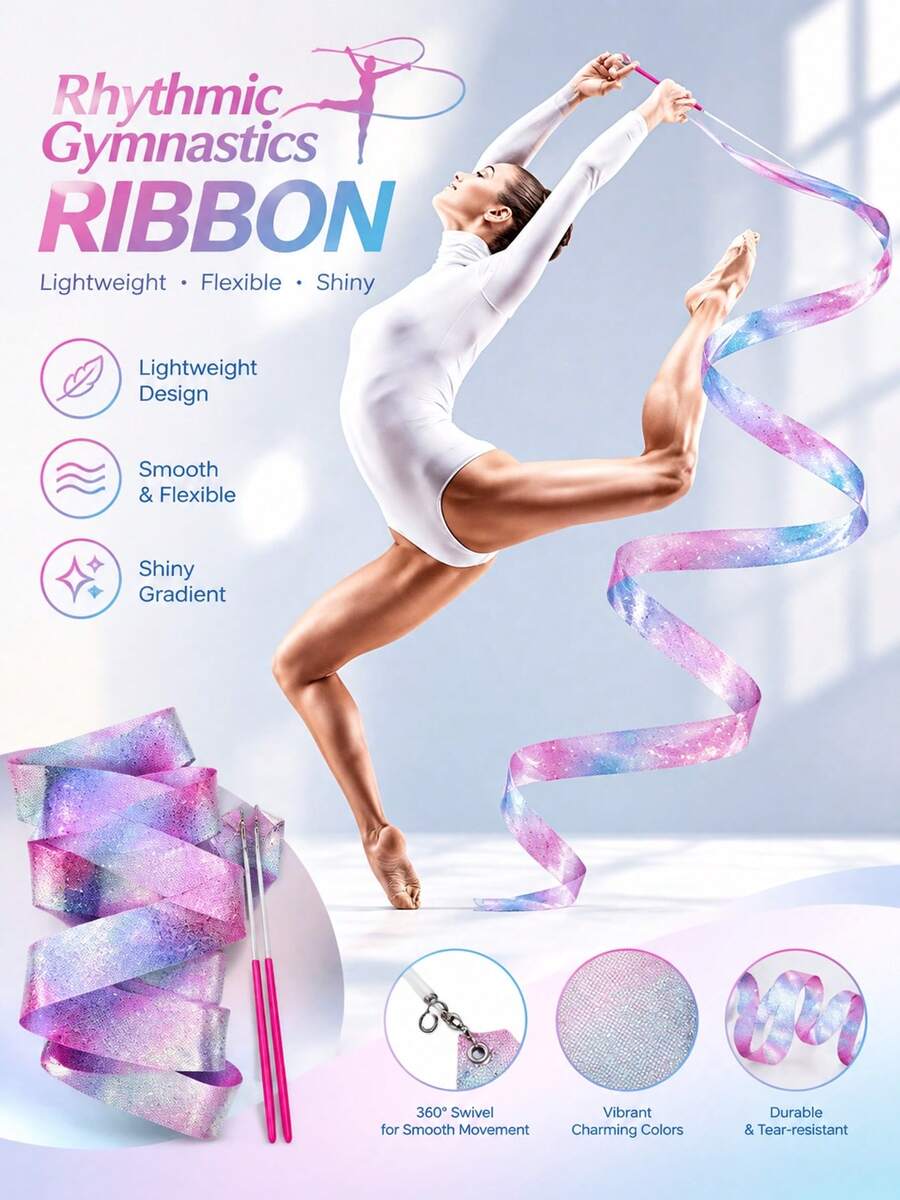Rhythmic Gymnastics Ribbon, 2/4/6m Dance Streamer Ribbon With Twirling Baton, Glitter Silk Dance Ribbon For Gymnastics, Dance Performance, Training, Practice And Outdoor Activities - Multicolor - View 1