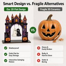 1pc 7.09" Interactive Swinging Ghost Halloween Castle Wooden Decor, 2D Flat Shatter-Proof Interlocking Assembly, Cute Ghost Couple Figurine, Suitable For Tiered Tray And Desktop, Sturdy Holiday Gift - Castle Double Ghost - View 6