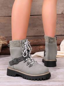 Brand Women's Ankle Combat Boots, Easy Wear, Buckle Accent Strap, Daily Wear - Grey - View 5