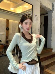 Korean Style Casual 2 In 1 Women's Top, College Autumn/Winter Design Fitted Base Layer Top - Mint Green - View 2