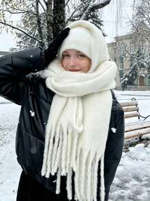 1pc Women's Solid Color Mohair Scarf, Autumn/Winter New Integrated Collar Design Korean Style Premium Thick Warm Shawl, Suitable For Daily Wear Matching Dresses - White a - View 4
