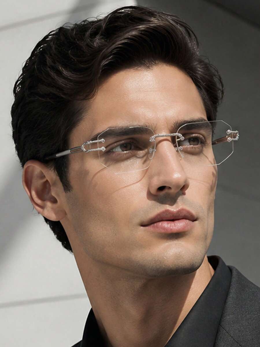1 Pair Men's Rimless Rhinestone Metal Polygon Plain Lens Glasses, Cool Elegant Low-Key Intelligent Fashionable Men's Eyewear, Suitable For Meetings, Business Travel, High-End Banquets