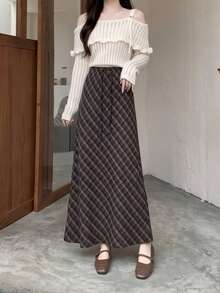 Women's Fashion Long A-Line Plaid Skirt, Drawstring Waist Design, Woven Fabric, Elegant Autumn Style - Coffee Brown - View 7