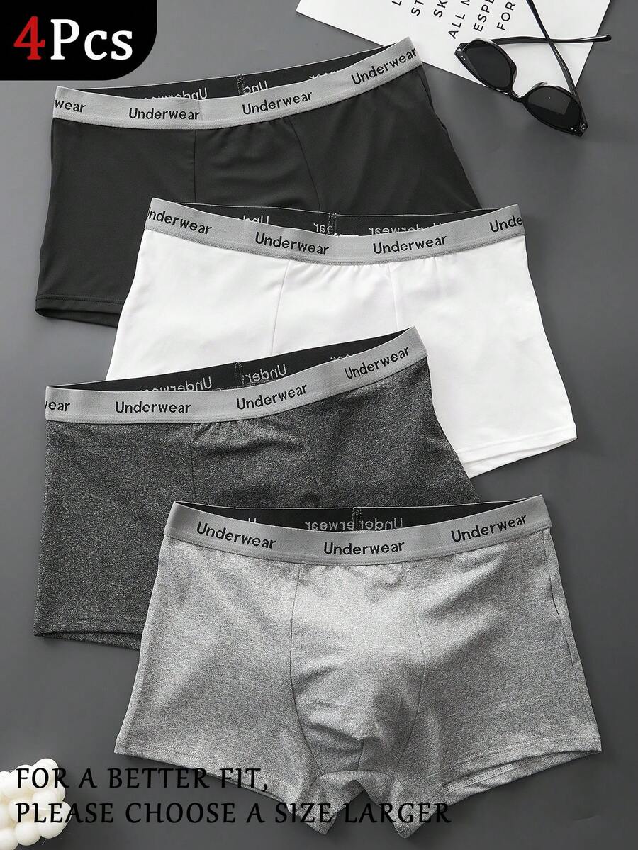 HIALEGION 4pcs/Pack Men's Letter Belt Solid Color Elastic Underwear, Casual Sports Style, Comfortable Boxer Briefs