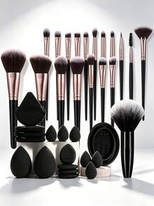 36 Pcs/4 Pcs Total Makeup Tool Kit, 18 Pcs Coffee‑Black Makeup Brushes,1 Pc Black Flat Top Brush And 17 Pcs Makeup Accessories. Large Flat Top Brush Features Wide Contact Surface, Spreads Setting Powder Quickly For Efficient Full‑Face Makeup - Multicolor - View 1