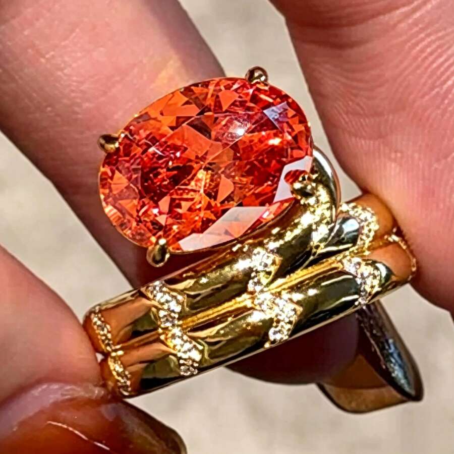 European & American Style Orange-Red Zirconia Double Layer Wide Band Women's 18K Gold Plated Luxury Party Oval Ring - Orange - View 1