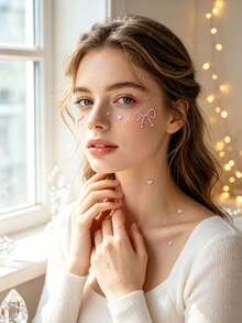 1pc Pink Heart Butterfly Face Rhinestone Sticker With Tweezers, Stage Party Music Festival Face Decoration Sticker, Self-Adhesive Crystal Face Sticker No Glue Needed - Pink - View 6