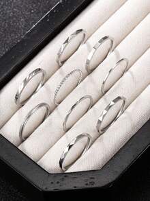 9pcs/Set Silver Stainless Steel Rings Men's Fashion Rings Stackable Jewelry Suitable For Halloween Gift For Husband Friend Selected Gift - Silver - View 3