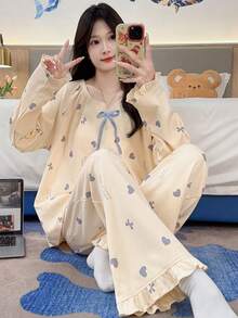 2pcs/Set Women's Autumn/Winter Pajamas, French Country Princess Style, Comfortable Breathable Loose Long Sleeve Long Pants, Spring/Autumn Floral Heart Print Loungewear Set, Fall Clothes For Women - Apricot - View 3