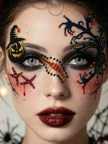 1pc Halloween Ghost Flame Poker Face Rhinestone Sticker, Self-Adhesive Glitter Red Skull Flame Spade Heart Diamond Club Rhinestone Face Decoration, Suitable For Halloween Cosplay, Demon Magician Costume Makeup - Multicolor - View 5