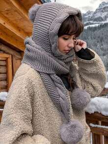1pc 3-Ball Pom Pom Knitted Hat With Scarf, Autumn/Winter Multi-Purpose Cute Pom Pom Earflap Thick Warm Knit Hat - A - View 7