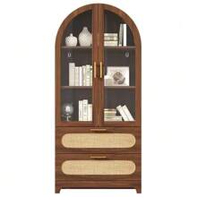 Display Cabinet With Montmartre Arch, 175x80x40cm, Bookshelf With 2 Drawers & Adjustable Shelves, Retro Design, Walnut - Natural Color - View 1