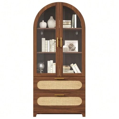 Display Cabinet With Montmartre Arch, 175x80x40cm, Bookshelf With 2 Drawers & Adjustable Shelves, Retro Design, Walnut - Natural Color - View 1
