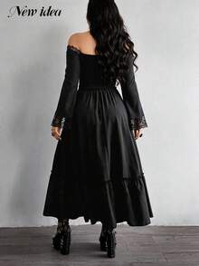 NEW IDEA Women Gothic Elegant Black Fall Winter Midi Dress, Off Shoulder Lace Trim Ruffle Hem Dress For Halloween, Night Out, Party, Going Out - Black - View 2