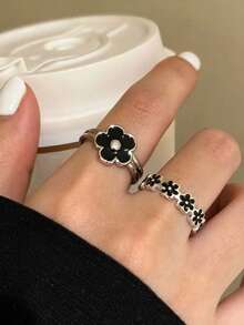 1組3件時尚優雅黑色花朵開口戒指女款，小眾極簡百搭五瓣花戒指套組，日常佩戴戒指組，節日禮物 - 黑色花朵戒指 - 查看 3