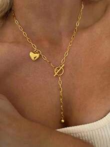 1pc Stainless Steel Heart Pendant OT Clasp Design 18K Gold Necklace Sweet Cool Versatile Y-Shaped Collarbone Chain - Gold - View 4