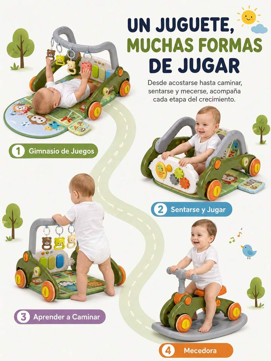 Andador multifuncional para bebés, diseño 4 en 1 con gimnasio + andador + balancín + tabla de equilibrio, con juguetes musicales interactivos y alfombra de juegos, juguete educativo para el desarrollo temprano y aprendizaje del gateo, regalo para niños y niñas - Verde - Ver 1